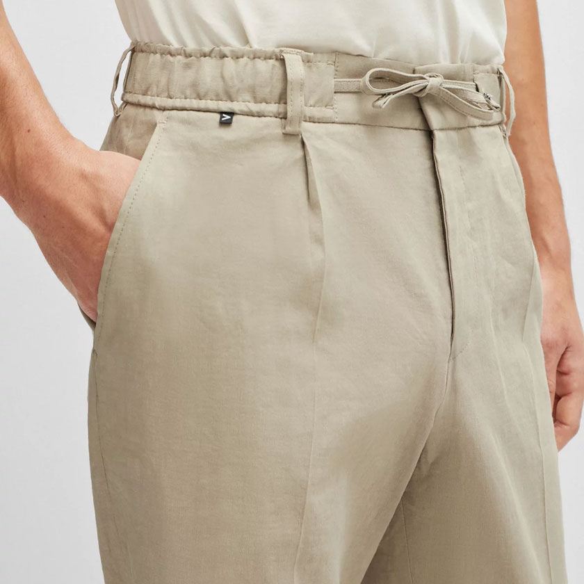 شلوار کتان مردانه بژ هوگو باس مدل RELAXED-FIT TROUSERS IN A LINEN BLEND