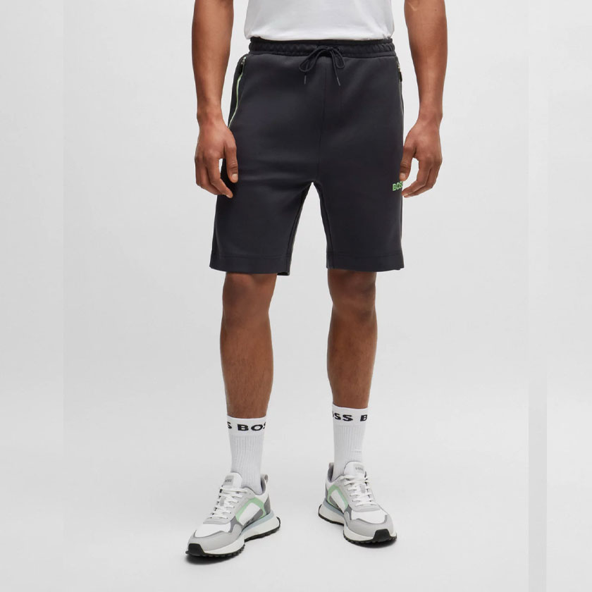 شورت مردانه مشکی هوگو باس مدل COTTON-BLEND SHORTS WITH 3D-MOULDED LOGO